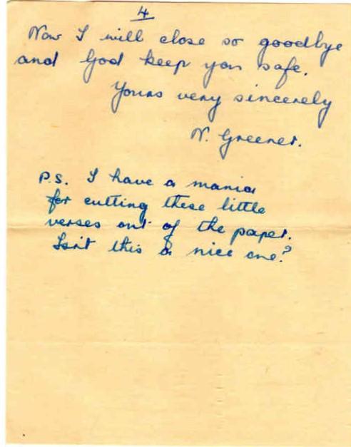 Letter from Mrs N. Greener to Major Parry about her missing brother J. Battle - Letter 3