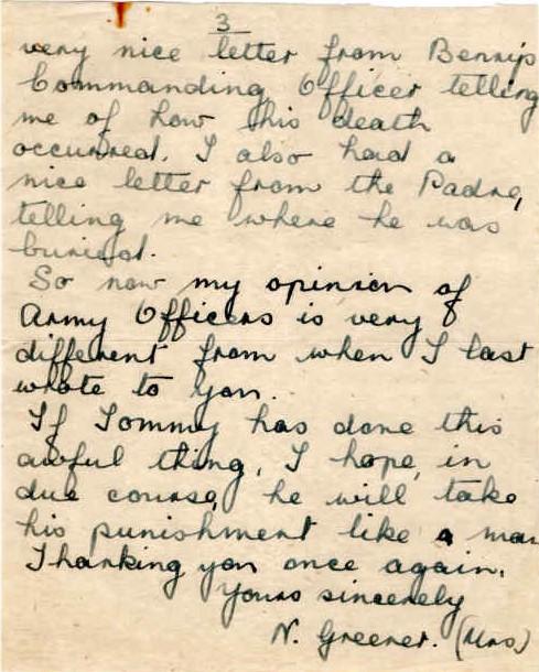 Letter from Mrs N. Greener to Major Parry about her missing brother J. Battle - Letter 1