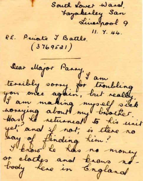 Letter from Mrs N. Greener to Major Parry about her missing brother J. Battle - Letter 2