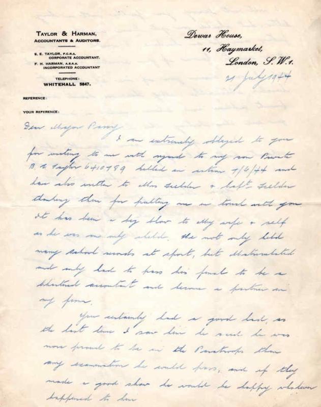Letters from Mrs Taylor to Major Parry about the death of her son B. E. Taylor - Letter 1