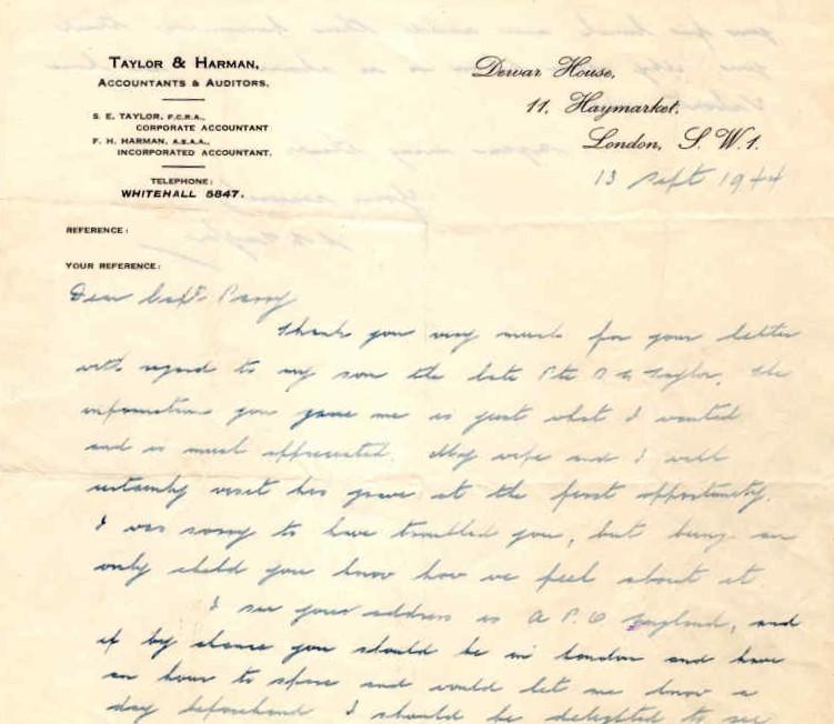 Letters from Mrs Taylor to Major Parry about the death of her son B. E. Taylor - Letter 3