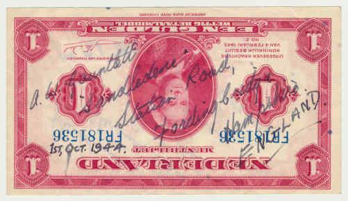 OS Dutch bank note signed by Spr. GW Gauntlet. 1 October 1944