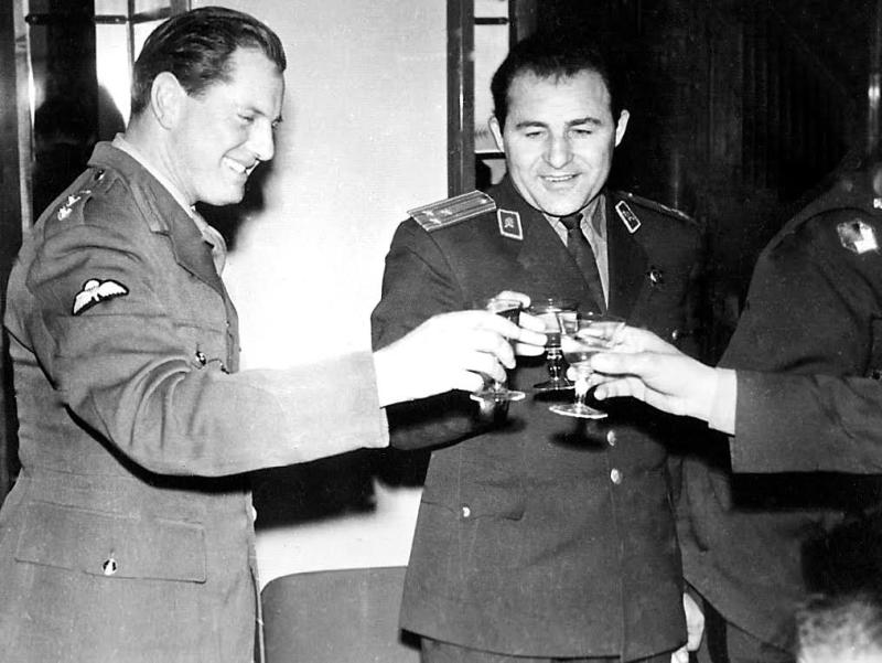 OS Colonel Sanderson Military Attaché has drinks with Russian and Bulgarian MA’s. Sofia 1962