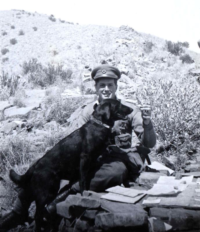 OS John B Sanderson with regimental mascot Susan, 1945