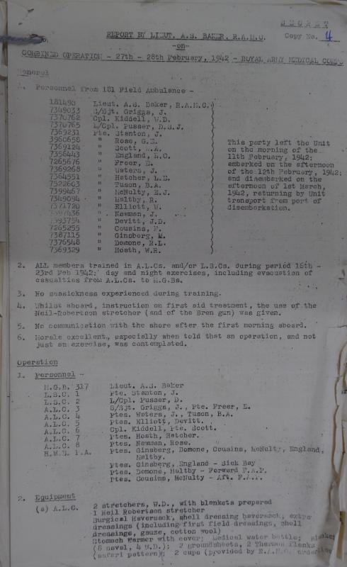 OS Capt Baker's report for Op Biting Ref 181 A/L Amb 1