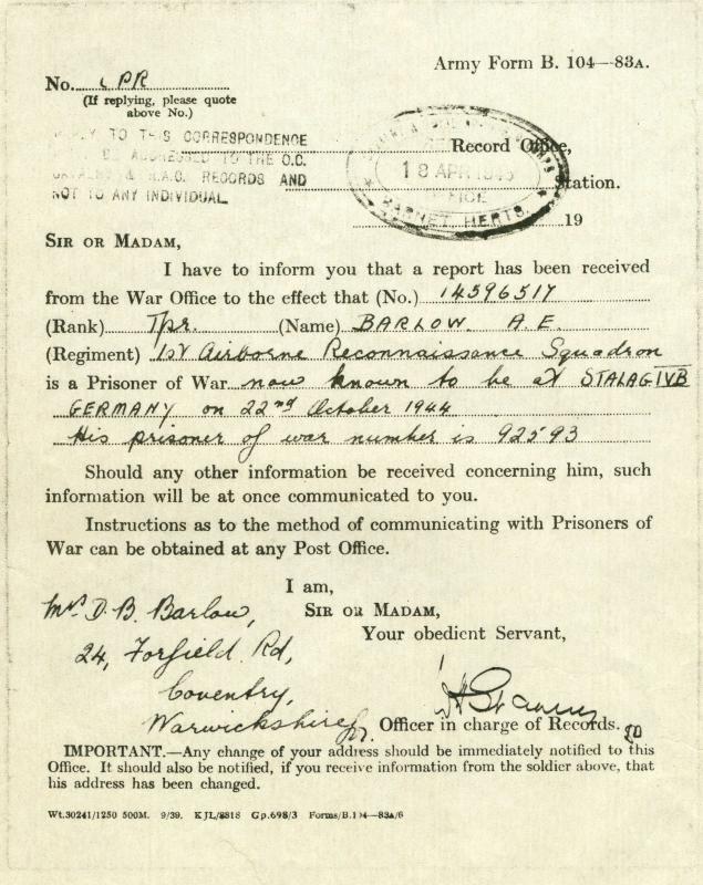 OS Notice of Tpr A Barlow being a POW 18 Apr 1945