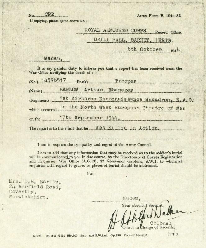 OS Notice of Tpr A Barlow's death  6 Oct 1944