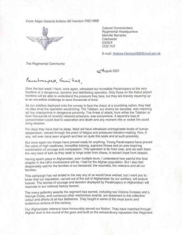 OS Letter From Major General Andrew SD Harrison Col Comdt PARA Regt page 1