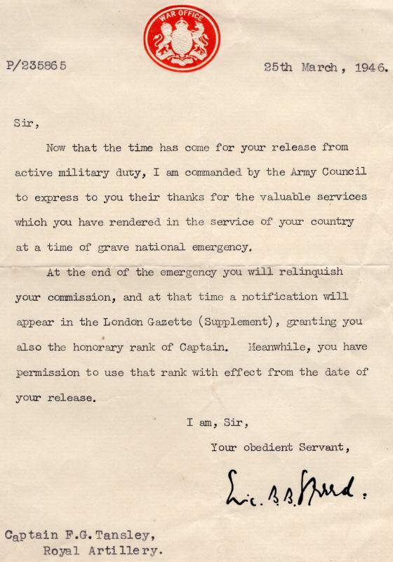 Letter of release from the Army to FG Tansley dated 25 March 1946