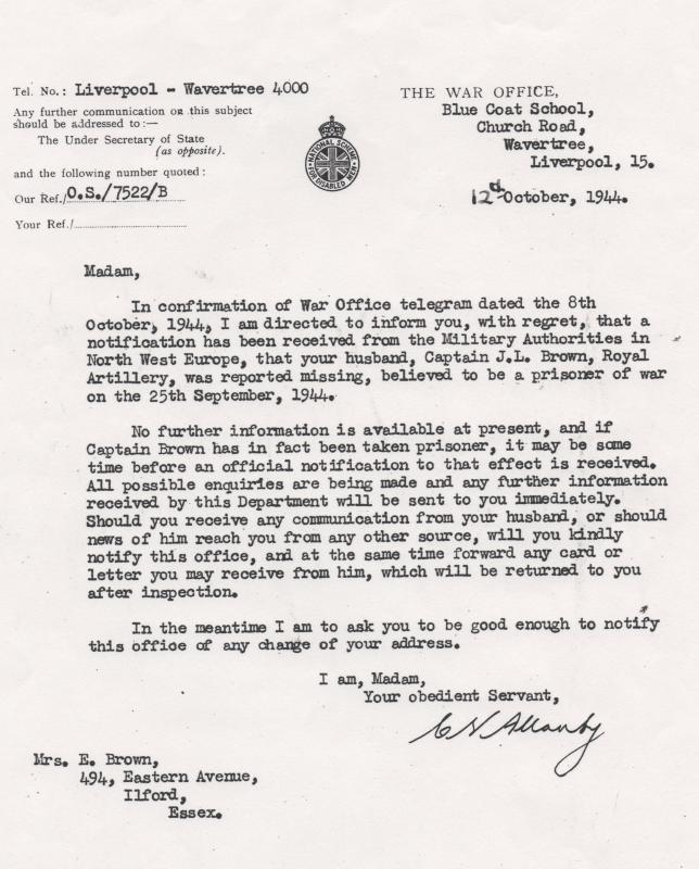 OS Letter from war office to Mrs E Brown 