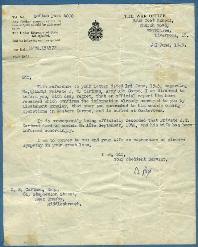 Document notification to the parents of Pte Cartman that he had died of wounds at Arnhem.