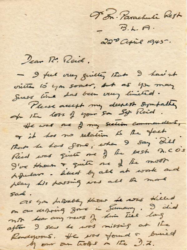 Letter from Lt BR Browne to Mother of Sgt Albert WF Reid 1