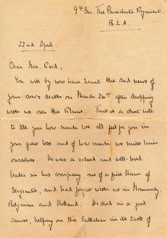 Letter from Lt Col N Crooitenden to Mother of Sgt Albert WF Reid 1