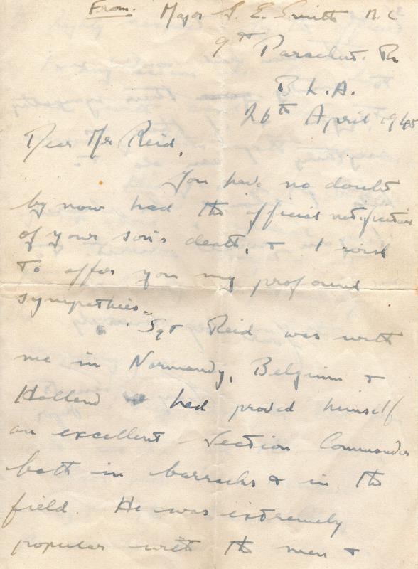 Letter from Maj GE Smith MC to Mother of Sgt Albert WF Reid 1