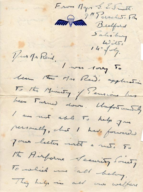 Letter from Maj GE Smith MC to Mother of Sgt Albert WF Reid 3