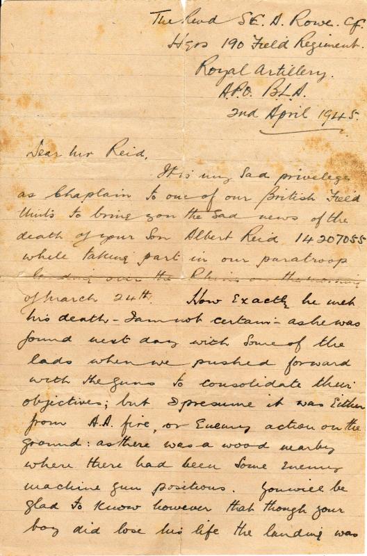 Letter from Padre to Mother of Sgt Albert WF Reid 1