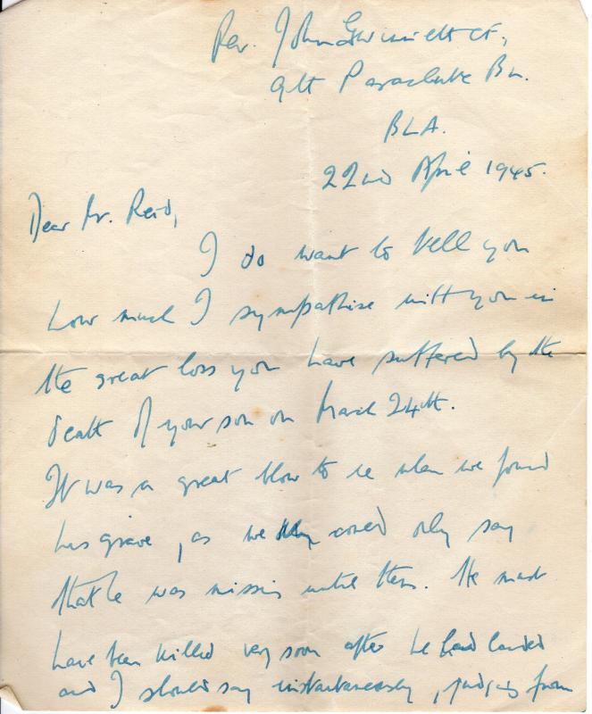 Letter to father of Sgt Albert WF Reid April 1945 1