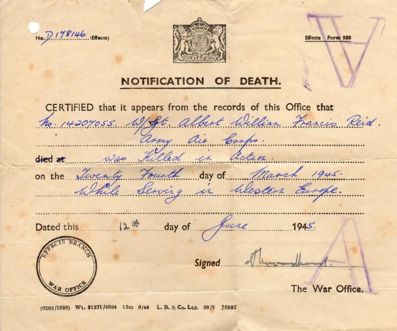 Notifications of the death of Sgt AWF Reid 3