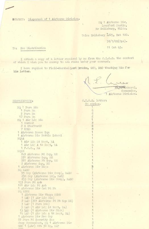 Dispersal of 1st Airborne Div Letter page 1
