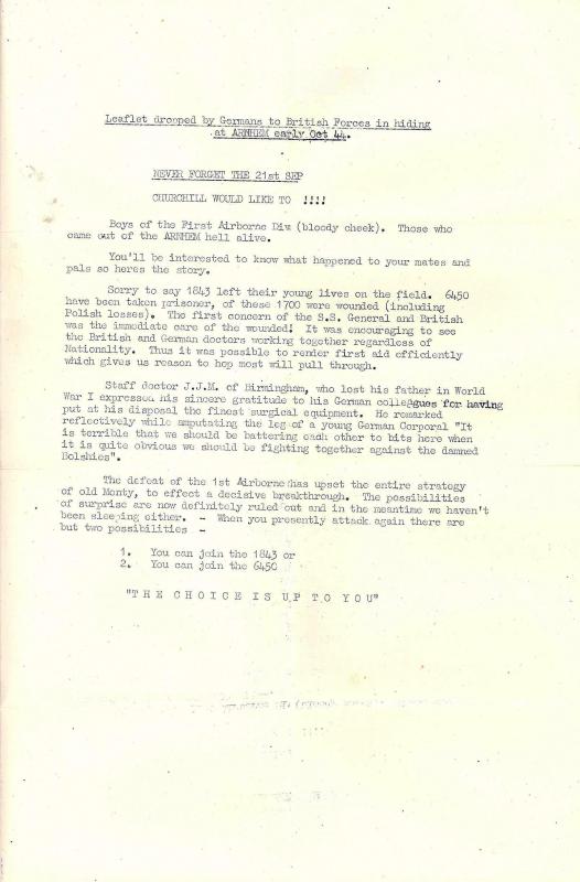 German Leaflet dropped at Arnhem to British troops in hiding around Arnhem
