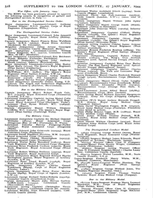 OS Maj RS hargreaves MC Citation London Gazette