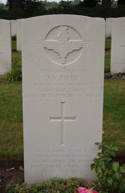 Colour photo of CWGC headstone of James Fiely in Oosterbeek Cemetery