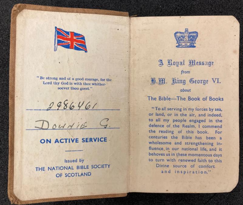 Colour photo of inside cover of Army issue Bible belonging to George Downie