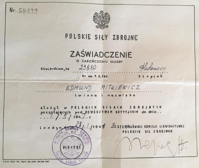 OS Polish Discharge paper for Edmund Mitkiewicz