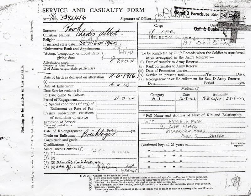 Pte Charles A Pook Service Record pg1