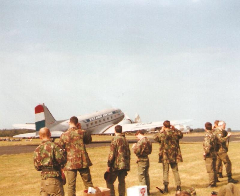 OS DC3 on runway with 10 Para on Dutch Airfield circa 1990