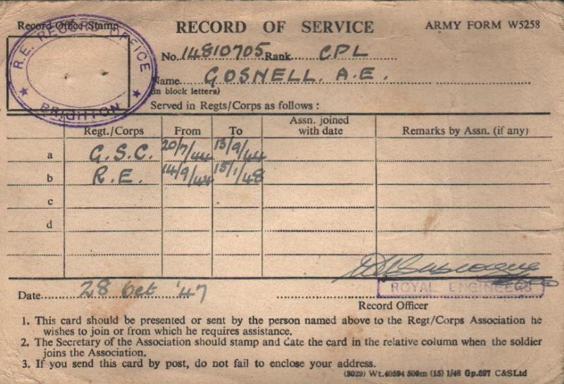 OS Albert Gosnell Record of service card