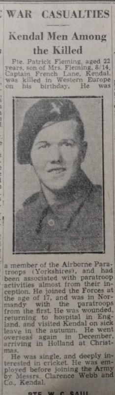OS Patrick Fleming in Westmorland Gazette 10 march 1945