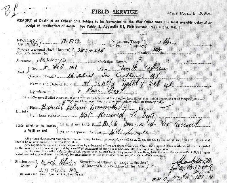 OS service documents relating to Pte Frank Holroyd  2