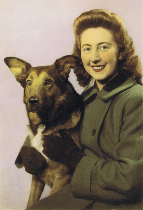 A colourised portrait  image of Bing with his owner Betty Fetch