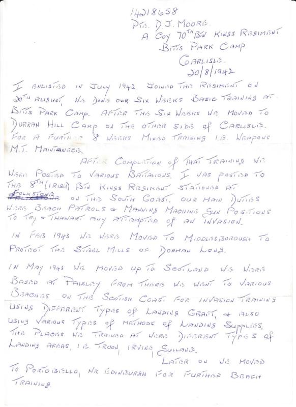OS Dougie Moore's handwritten letter detailing his service with the Army 1