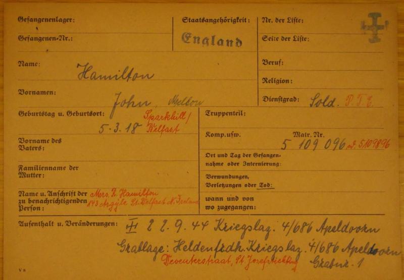 OS Pte.J.M.Hamilton. 156 Para Bn. POW & Casualty card. 22 Sep 1944.jpg