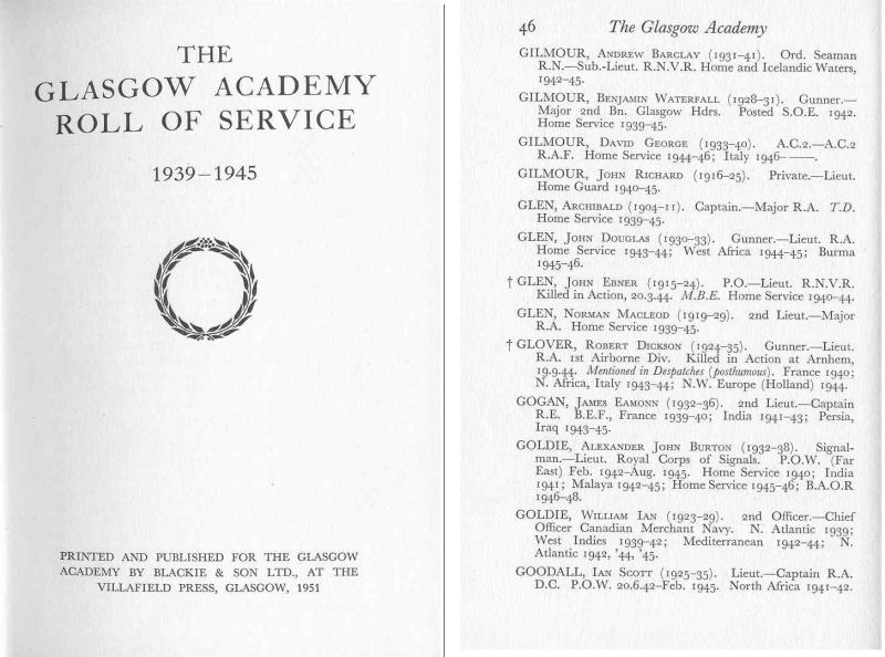OS Glasgow Academy Roll of service 1939-45