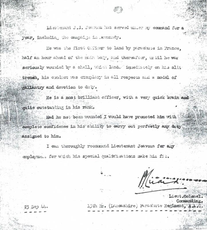 OS Lt Col Luard's letter Re Lt JS Jeavons 23 Sept 1944