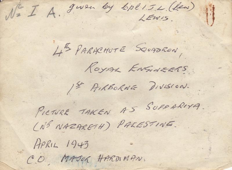 4th Parachute Squadron RE. Sufdariya, Palestine 1943 Writing on reverse of photo