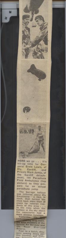 An article about a test jump featuring Ernest Lewis and others from 144 Field Ambulance