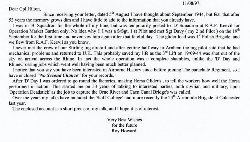 OS Letter from Roy Howard. B-Sqn GPR 11 Aug 1997