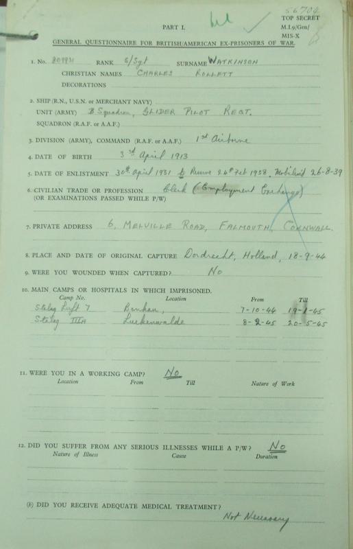 OS S/Sgt CR Watkinson. GPR. POW questionnaire. May 1945
