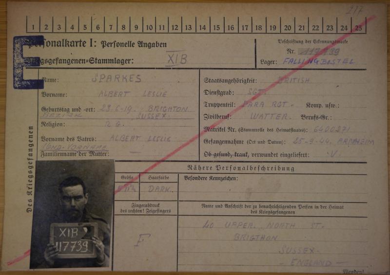 OS Sgt A L Sparkes 10 Para Bn Sept 1944 POW Card
