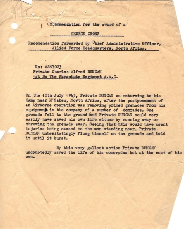 Recommendation for Charles Duncan to receive the George Cross by the Chief Administrative Officer. Note: error lists Duncan as 1st Bn but he was actually 4th Bn. 