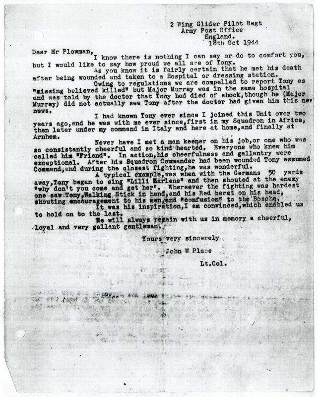 A letter to Robert Plowman informing him of his son's death
