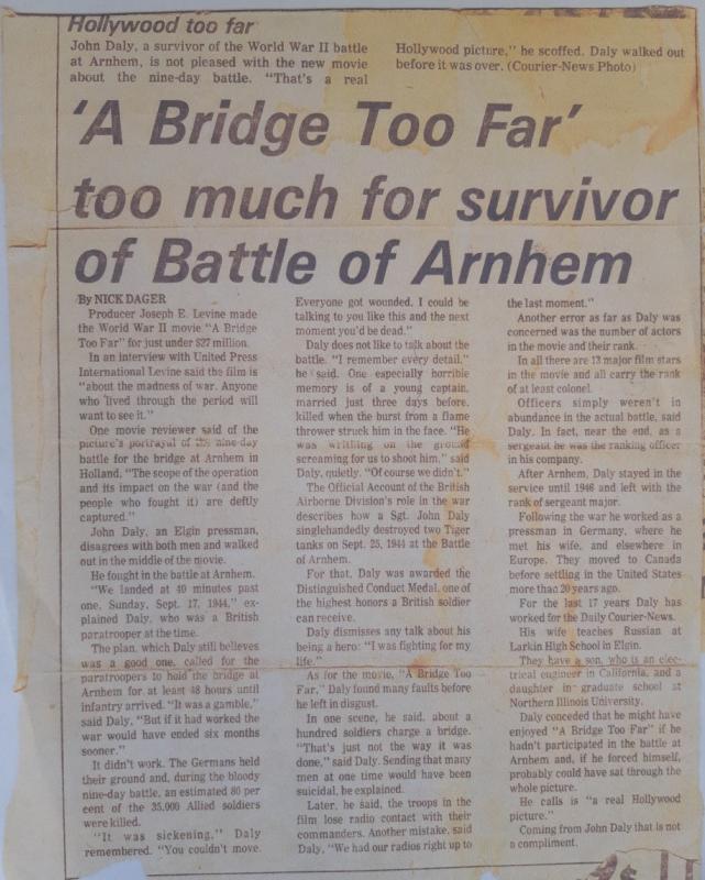 OS American newspaper article about the film, ‘A Bridge Too Far’, with comments by John Daly