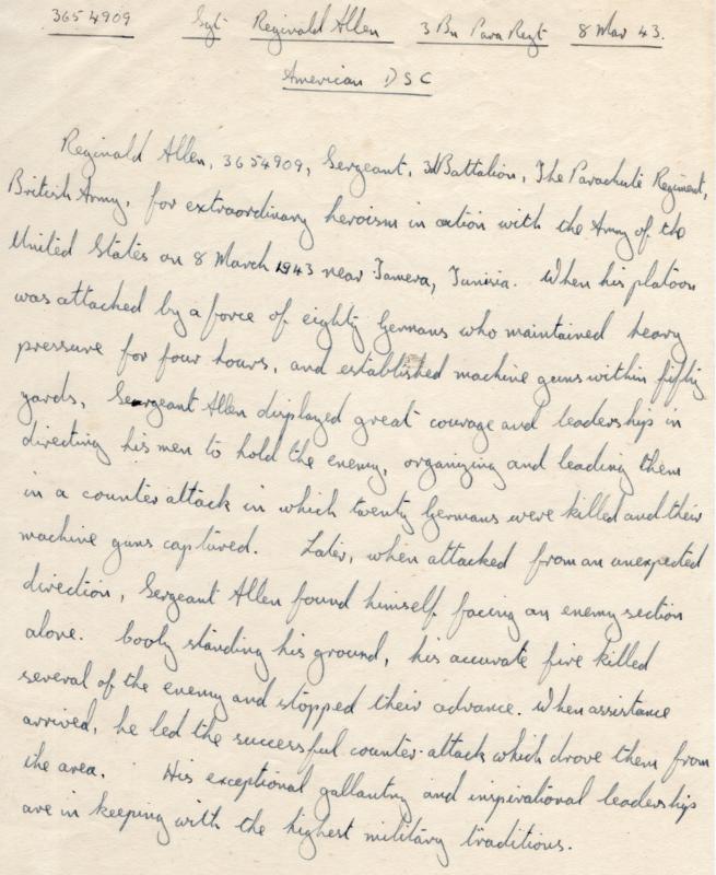 Handwritten citation for Sgt Reginald Allen