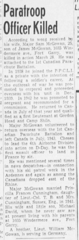 Newspaper report on the death of Captain Samuel Wilkie McGowan
