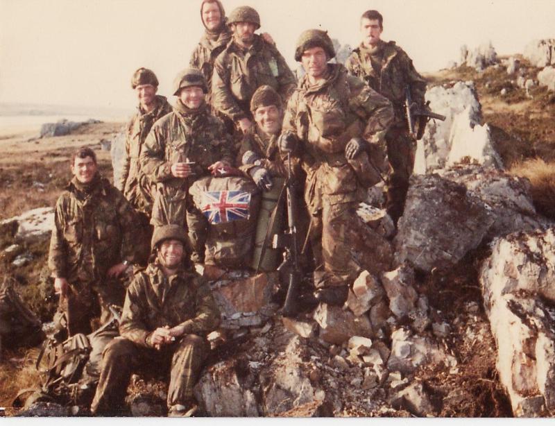 Soldiers of Support Company HQ on the north spur of Wireless Ridge on the official cease-fire, 14th June 1982