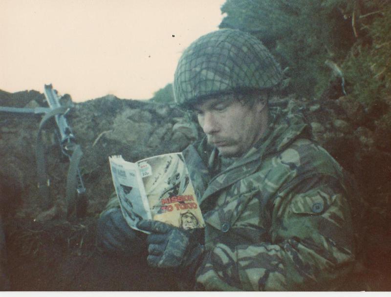 Steve Thayer in a defensive position, Fitzroy, Falklands, 1982
